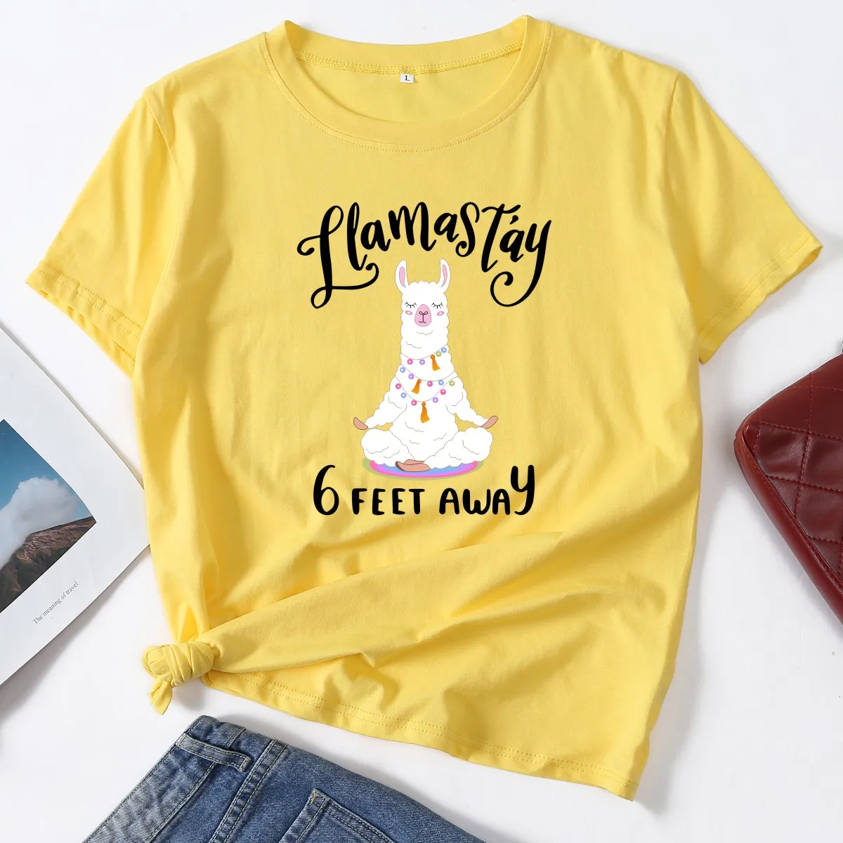 

Llama Stay 6 Feet Away Social Distancing Woman T-Shirt Short Sleeve T-Shirts Summer Tops for Women Cotton Graphic Tee Female Top