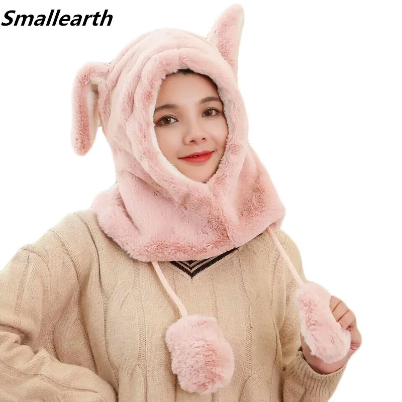 Зимняя Толстая шапка для девочек шарф капюшон с заячьими ушками милые теплые