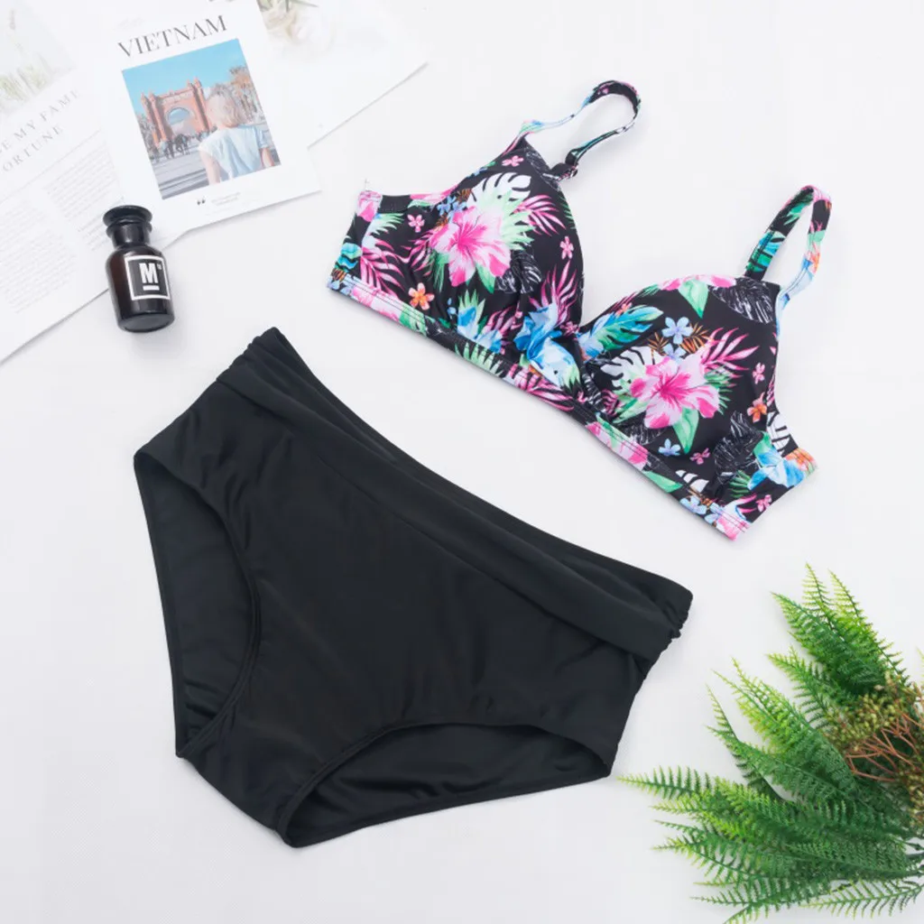 

2020 Women's Bohemian Flower Swimsuit Summer Polyester Bikini Set High Waist Wire Free Swimwear Print Swimsuit bikinis