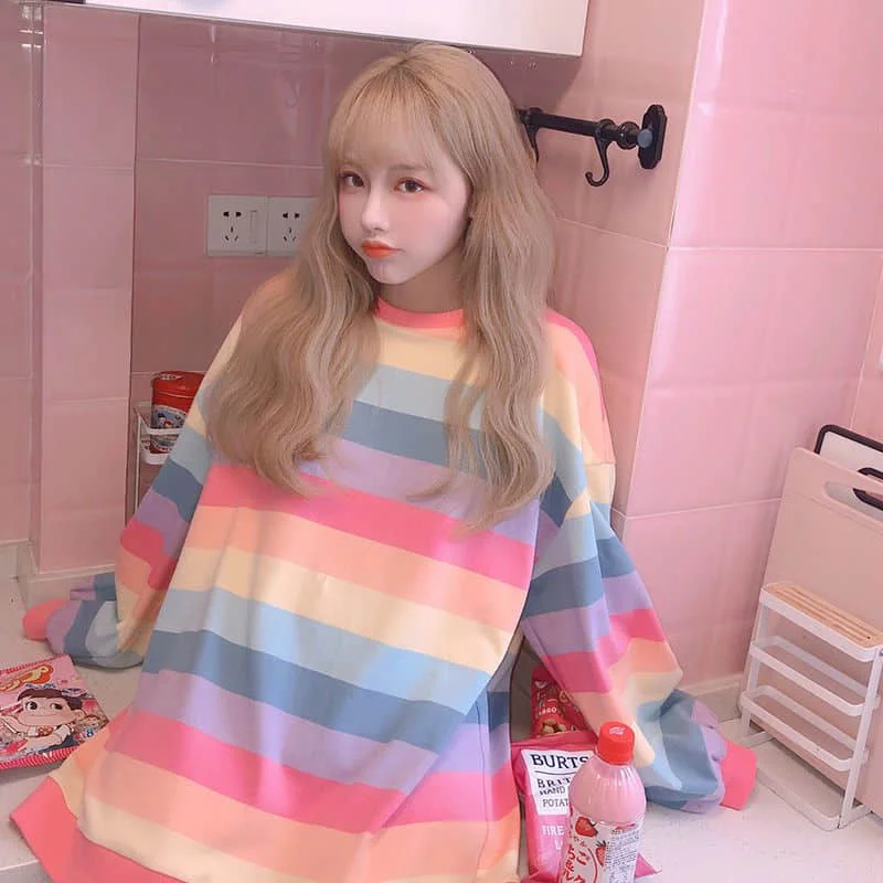

Women's Jacket Autumn Winter Rainbow Striped Long-sleeved Hoodless Shirt Harajuku Female Student Korean Version Tide Loose Thin
