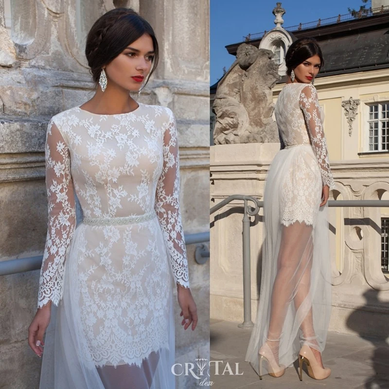 

free shipping Simple Short Wedding Dresses 2021 lace long sleeves Bride Dress train with tWhite Vestido De Novia Plus Size