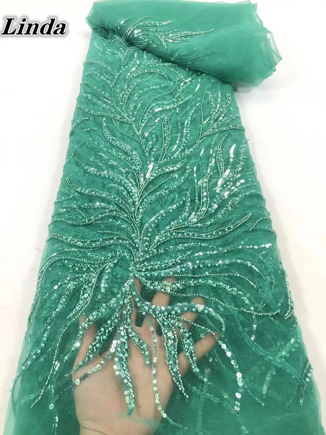 

Linda African Sequins Lace Fabric 2021 French Tulle Lace Fabric Glued Beaded Embroidery Mesh Fabric For Party Wedding Dress
