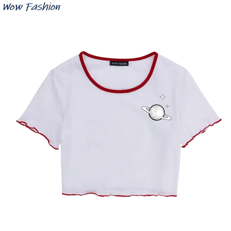 

A Gothic Print T-shirt For Women Casual O-Neck Hit Color Print Short Sleeve Cropped Tops Female Fashion Tide 2021 Summer