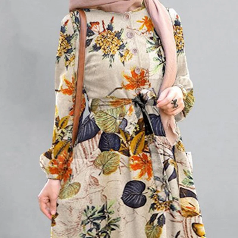 Italian fashion abaya clothing printing retro Ramadan dress Muslim women long dress Dubai Arab Islamic ethnic evening dress