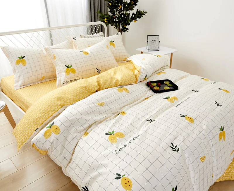 Комплект постельного белья из 4 предметов с желтым лимонным принтом 100% хлопка