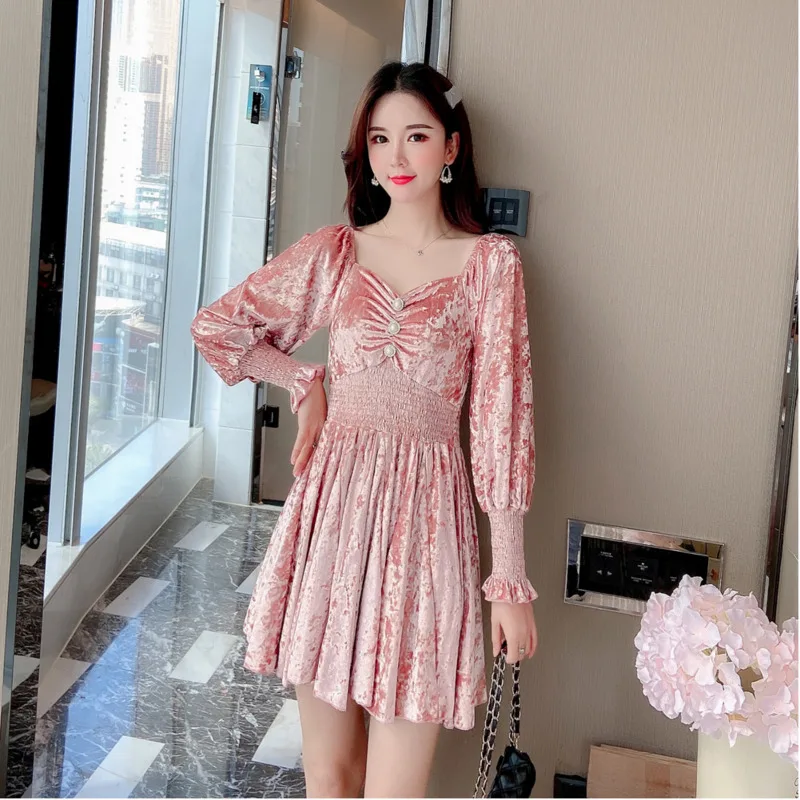 

2020 Новое весеннее женское платье с открытой спиной с длинным рукавом винтажное корейское Модное Элегантное дамское повседневное бархатное...