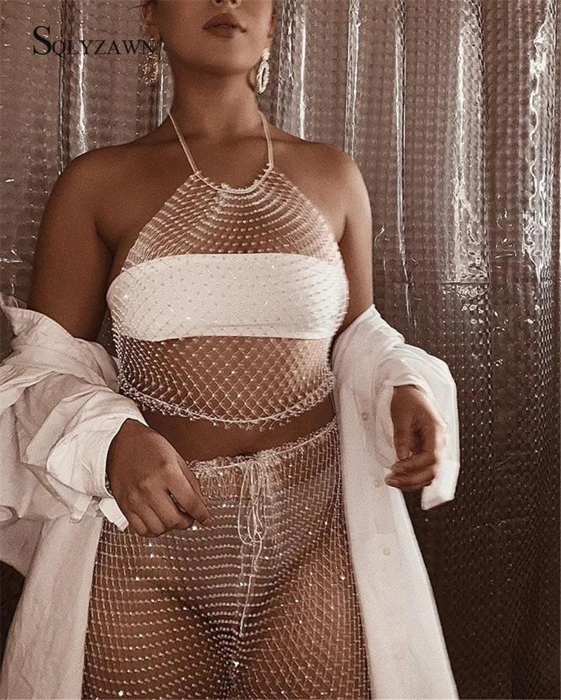 Sexy Fishnet Mesh Two Piece Set See Through Diamond Party 2 Club Outfits Halter Crop Tops And Wide Leg Pants Women Sets |