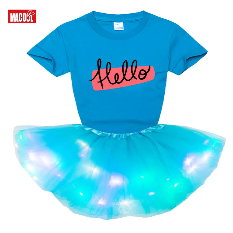Fashion Light LED Tutu Dress+t Shirt 2 Pcs Set 2020 Summer Girl T Shirts Rainbow Tutu Dress T Shirt Kids Toddler Baby Cute Dress