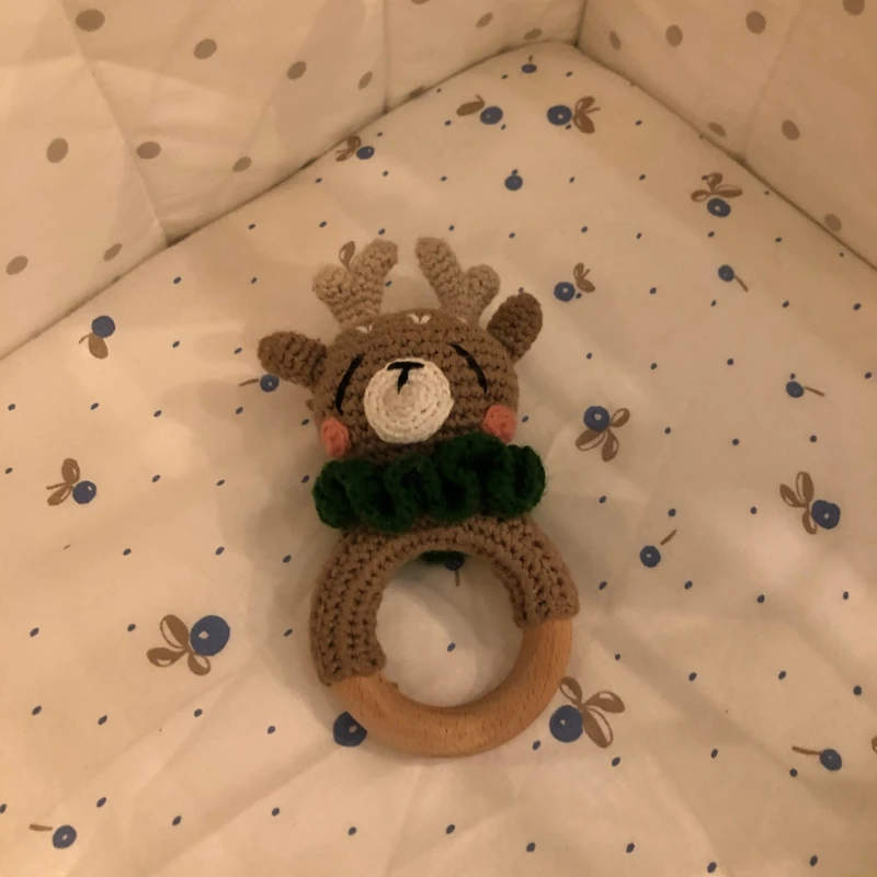 

BPA Free Crochet Wooden Ring Baby Teether Animal Rattle Chewing Teething Toy