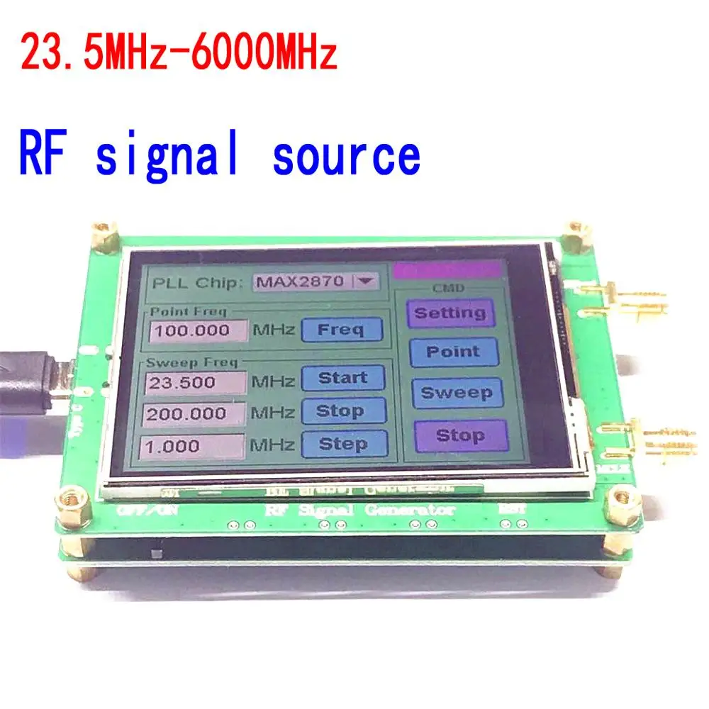 Генератор сигналов с PLL MAX2870 от 23,5 МГц до 6000 МГц с частотным сканированием, сенсорным экраном LCD и управлением через ПК.