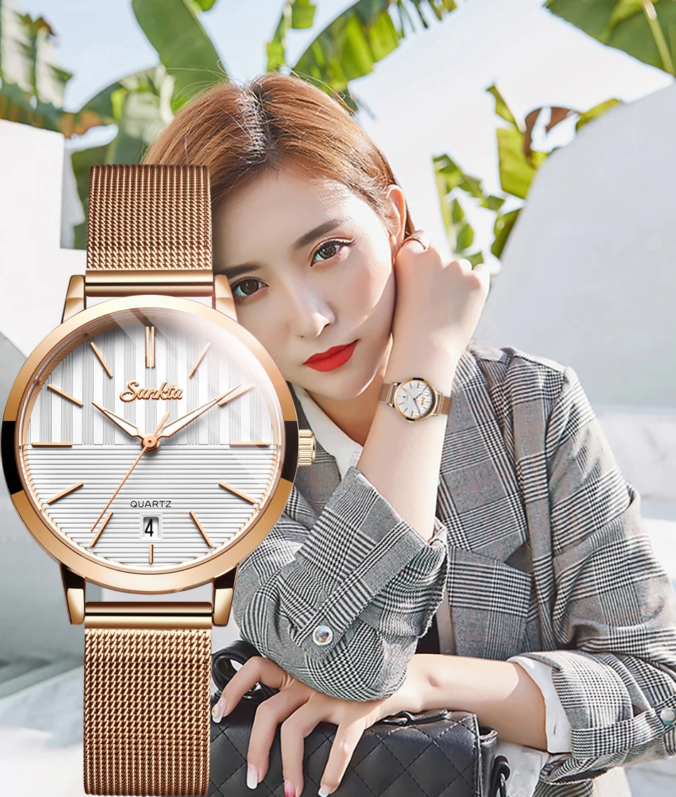 

SUNKTA кварцевый механизм Высокое качество 36 мм hannah Martin женские сетка из нержавеющей стали цвета розового золота Водонепроницаемый женски