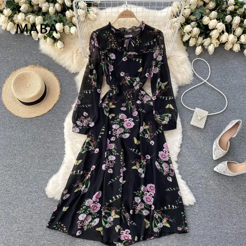 

Женское длинное платье с рюшами, черное винтажное платье-трапеция с цветочным принтом, длинным рукавом и шнуровкой, уличная одежда большого...