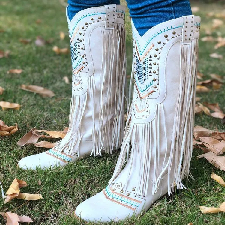 

SARAIRIS модная женская обувь до середины икры с бахромой на квадратном каблуке, Современные удобные ковбойские сапоги разных цветов