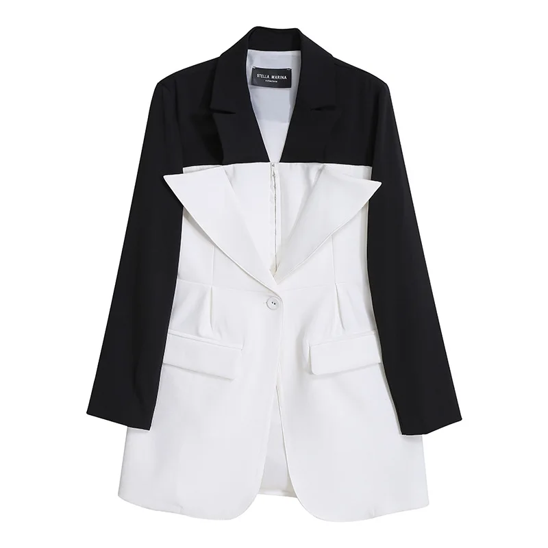 

SuperAen Loose Suit Jacket Simple Fashion Black and White Color Matching Single Breasted Notched Women Blazers