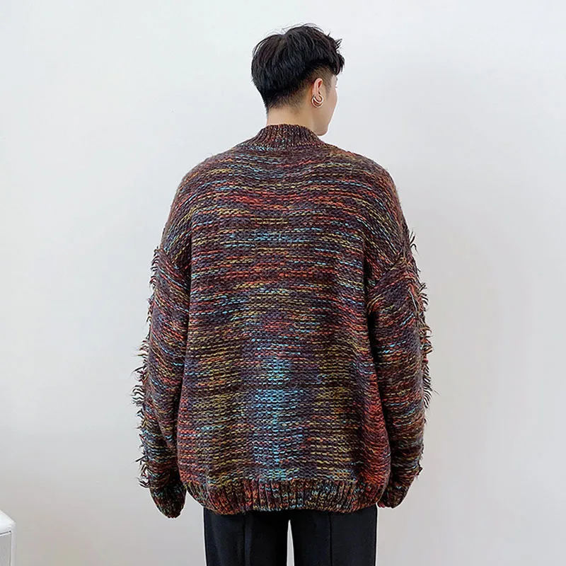 

Male Women Streetwear Vintage Fashion Loose Sweater Men Thick Knit Thicken Half Turtleneck Tassel Pullover Sweater