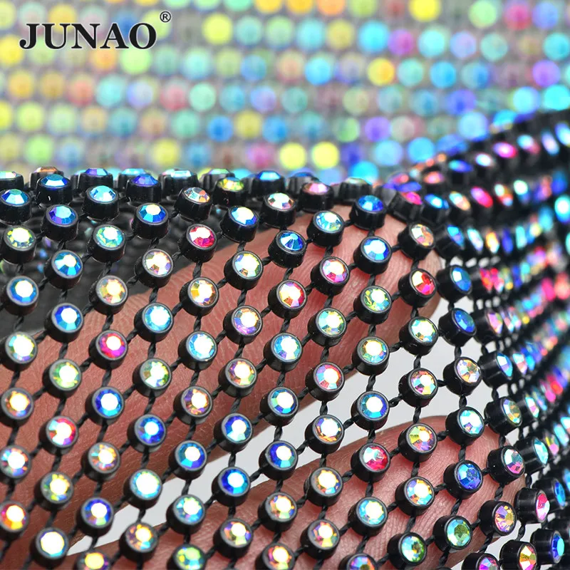 

JUNAO 23cm x 1Meter Glitter Colorful AB Sewing Glass Rhinestones Mesh Trimming Hollow Sew On Strass Fabric Ribbon for Clothes