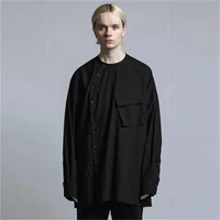 mens long sleeve shirt spring and autumn new round collar personality asymmetry dark work style casual large shirt