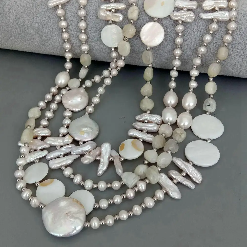 

Y·YING 4 Strands natural multi shape Freshwater Pearl white coin shell Moonstone freeform Shell statement Necklace 28"