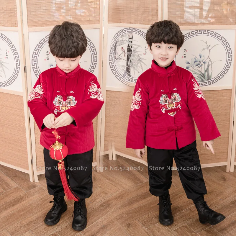 Детское традиционное китайское пальто Hanfu костюм для мальчиков с вышивкой тигра