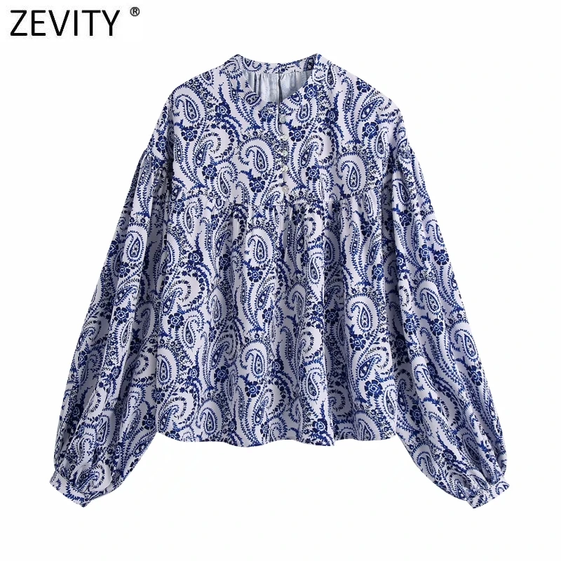 

Zevity Women Vintage Stand Collar Paisley Print Loose Blouse Female Lantern Sleeve Casual Shirt Chic Totem Blusas Tops LS9689