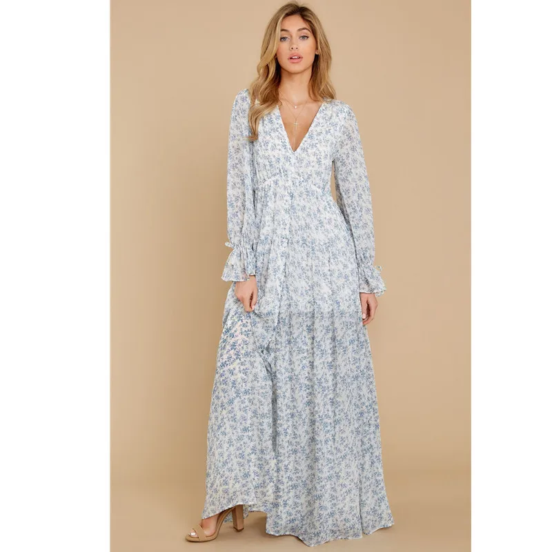 

Женское шифоновое платье-макси с цветочным принтом, V-образным вырезом и широким подолом