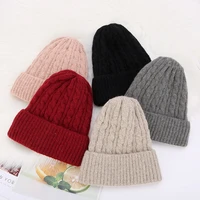 kenshelley winter beanie cable knitted curled woolen hat korean version plus velvet hat monochrome winter warm knitted hat