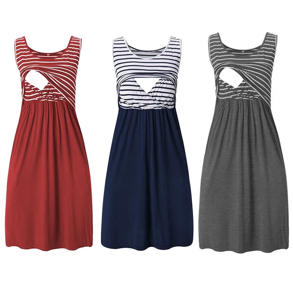 2021 модные платья для беременных женщин в полоску туника кормящих грудью Летние