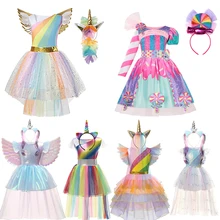 Girl Rainbow Unicorn Dresses Tutu Princess Party Dresses Children Christmas Halloween Cosplay Costume With Headband Wings 4-10Y