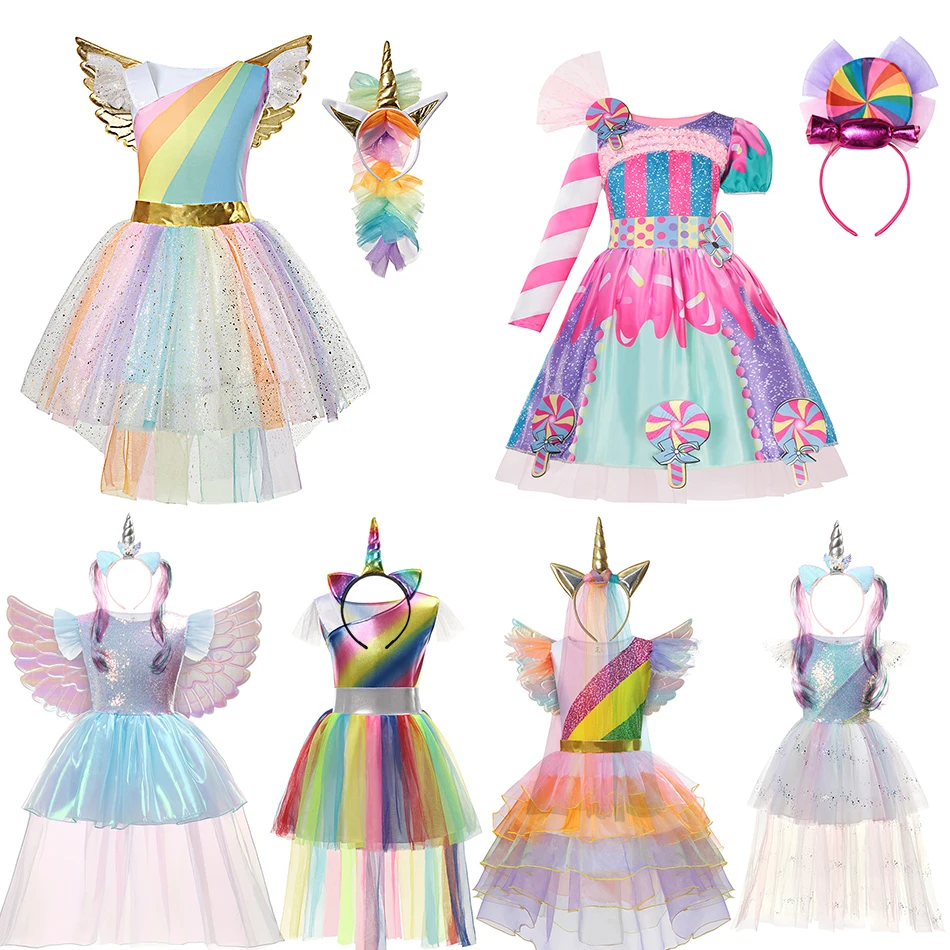 Girl Rainbow Unicorn Dresses Tutu Princess Party Children Christmas Halloween Cosplay Costume With Headband Wings 4-10Y |