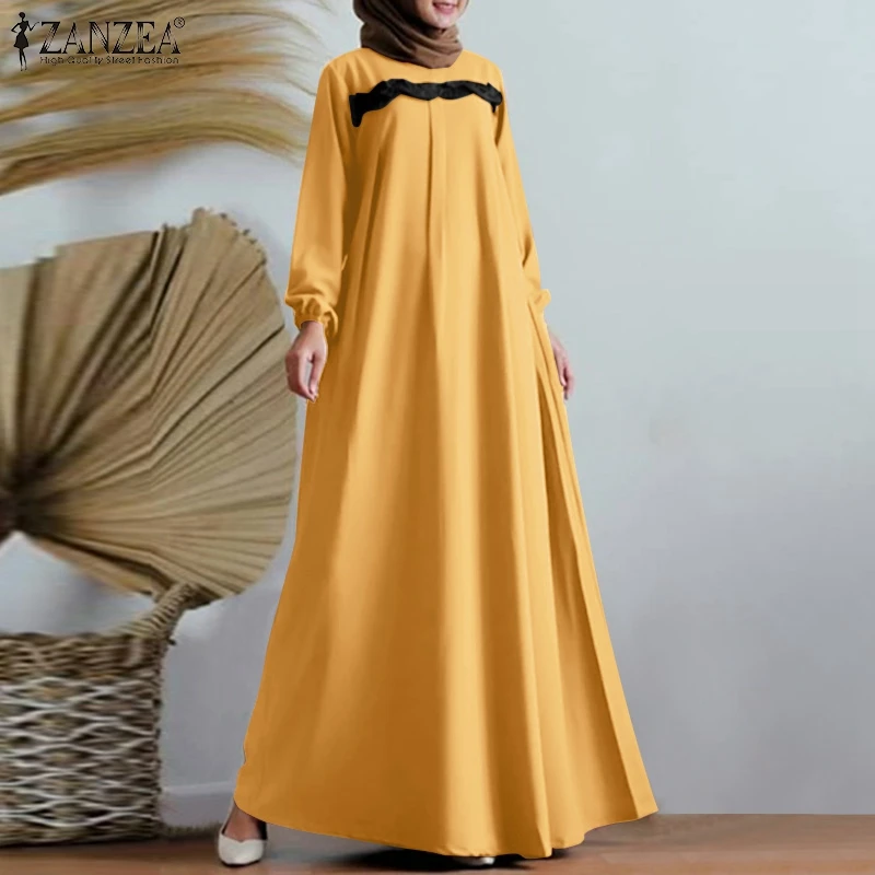 Сарафан ZANZEA женский с круглым вырезом, длинный кафтан с длинным рукавом, модное вечернее повседневное свободное Макси-платье в мусульманск...