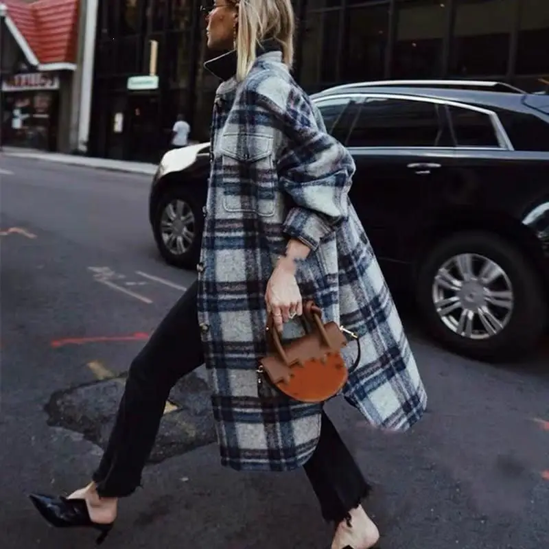 2019 женское осеннее клетчатое шерстяное пальто большого размера однобортная