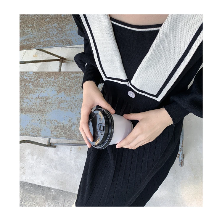 

Korean Preppy Style Sailor Collar Knit Dress Women Cute Lantern Sleeve High Waist Pleated Dresses Ladies Warm Sweater Dresses