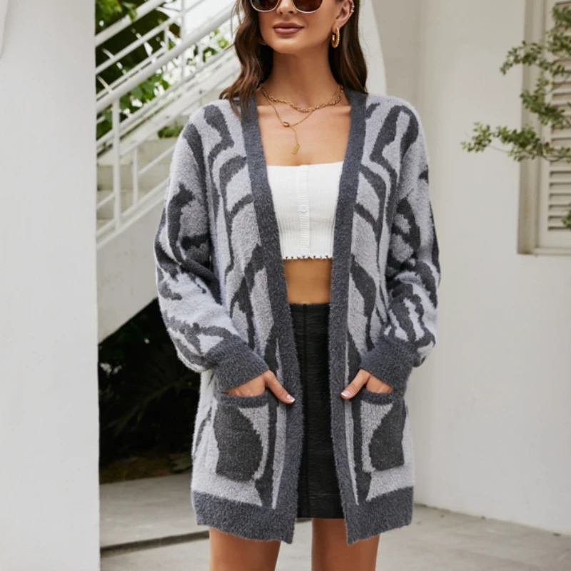 

AYUALIN Women Leopard Loose Long Sweater Knitted Cardigan Winter Imitated Mink Cashmere Vintage Female Sweaters Feminina 2022