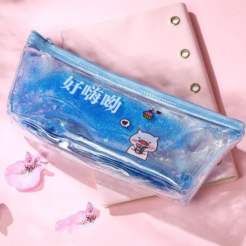 blue smaller Пенал для ручек, коробка для ручек, чехол для письма, зыбучий песок, жидкость, милый поросенок, конфетный цвет, золотой порошок, водонепроницаемый обучающий инструмент, школьные канцелярские принадлежности для детей - Цвет: blue smaller