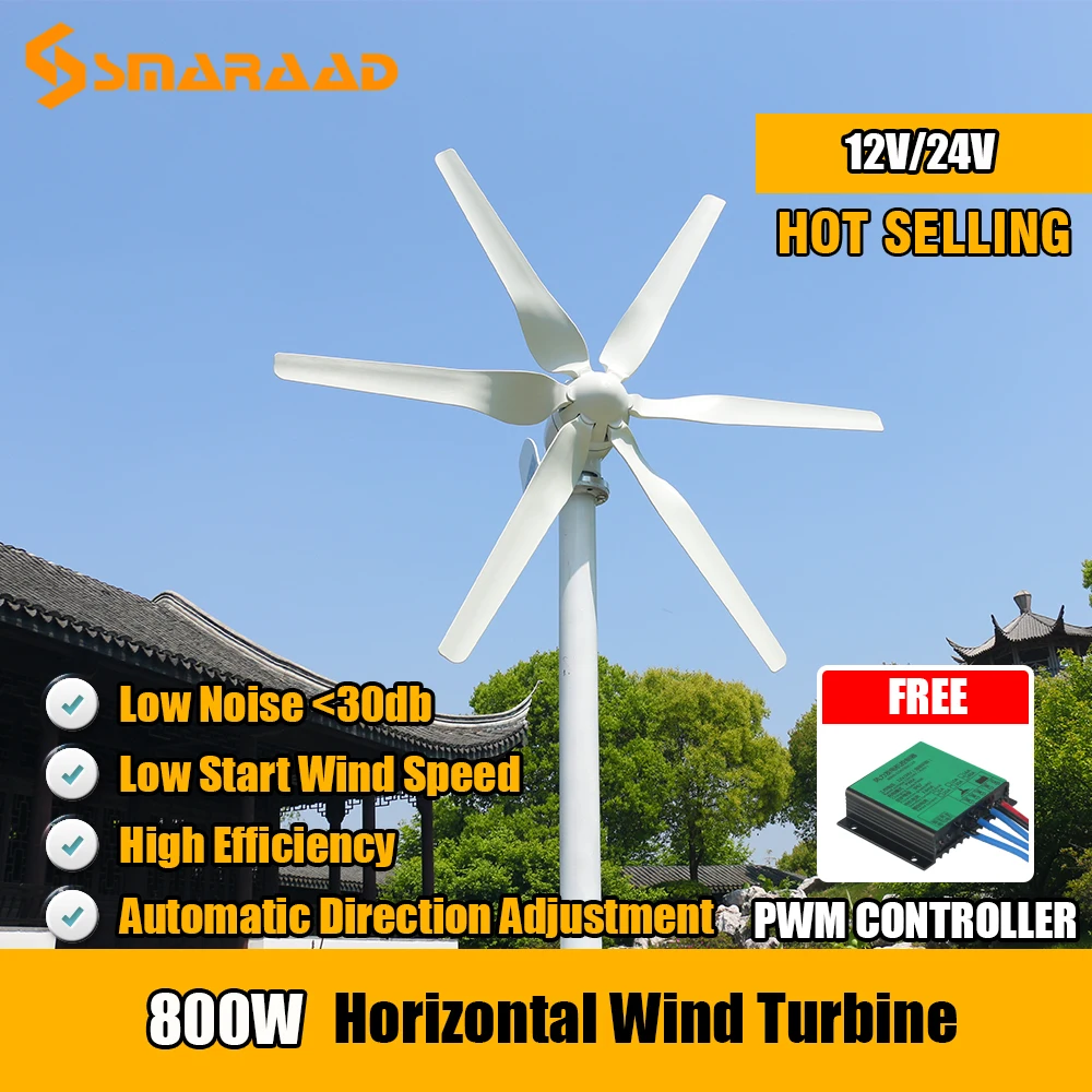 Высокоэффективная горизонтальная ветряная мельница 800 Вт с 6 лопастями ветряной