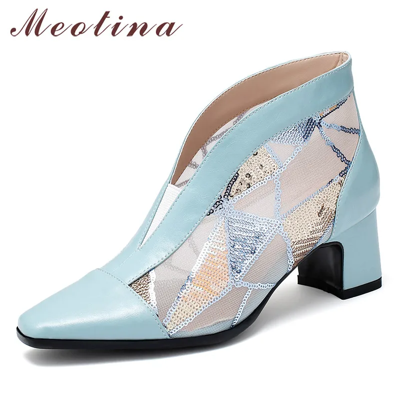 

Meotina Summer Boots Women Shoes Natural Genuine Leather Thick Heels Ankle Boots Mesh Cutout Square Toe Shoes Ladies Size 33-43