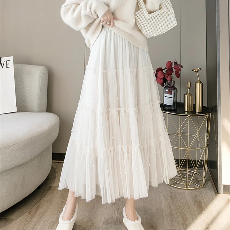 

LUKAXSIKAX 2020 New Winter Women Thicken Warm Long Skirt High Quality Beading Mesh Patchwork Big Hem Cake Skirt