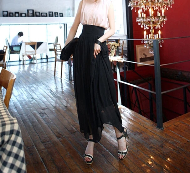 

Free Shipping Women's Summer Chiffon A-line pleated ankle-length Solid Skirt elastic waistband all-match saias jupes Skirts