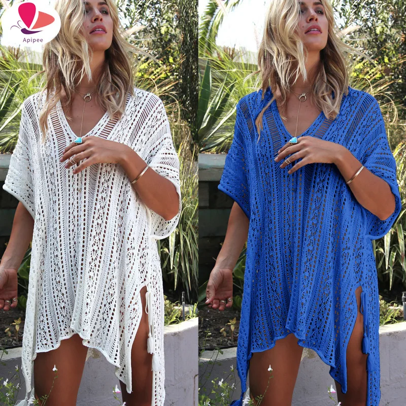 

Новинка 2021, Пляжная накидка, бикини, вязаное крючком, пляжная одежда с бахромой, летний купальник, накидка, сексуальное прозрачное пляжное п...