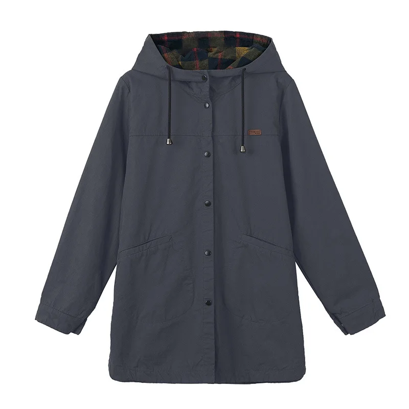 

Женская ветровка Женская Осенняя мода 2021 свободная однотонная Повседневная куртка средней длины с капюшоном хлопковая с карманами на молн...