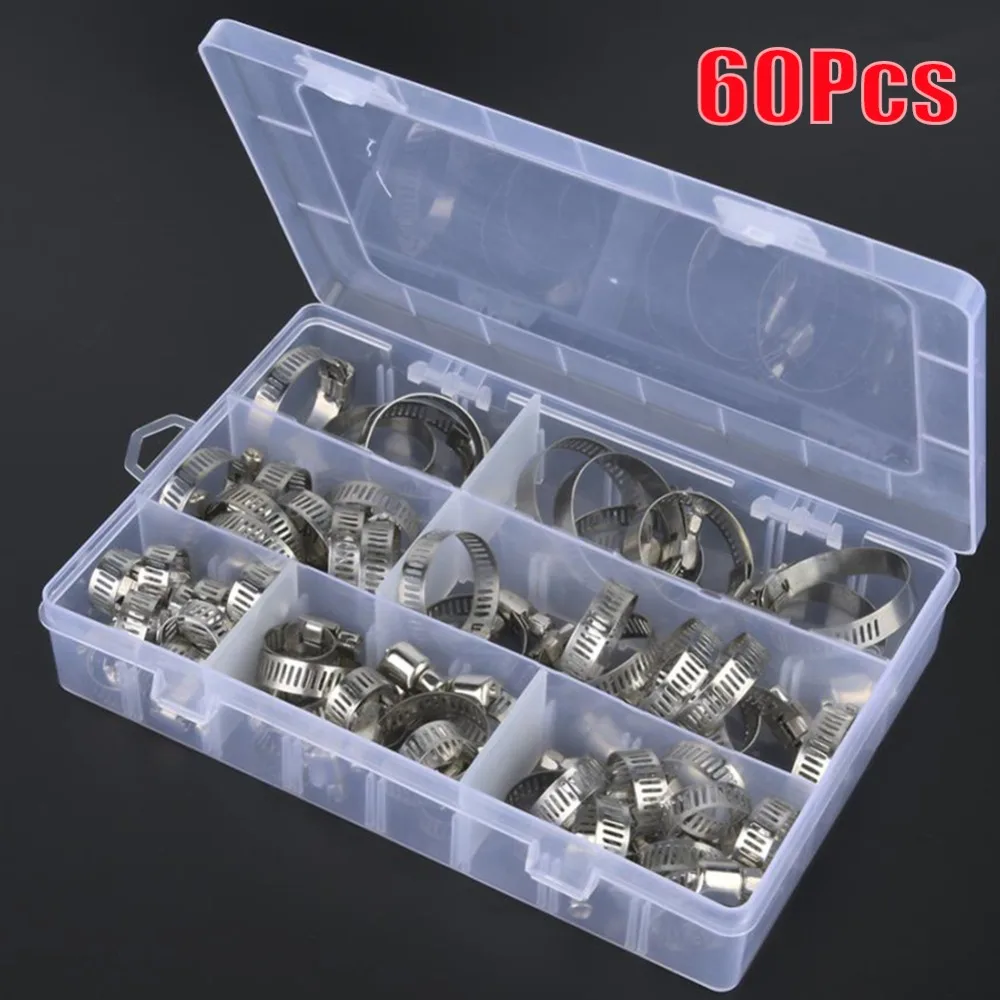 

60Pcs/Set 10-16mm Stainless Steel Hose Clamps + Box Spring Fuel Oil Water Hose Clip Pipe Tube Band Clamp Fastener Assortment Kit