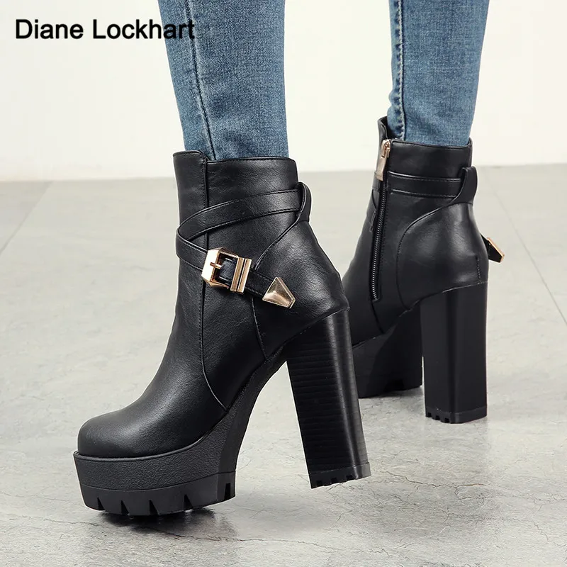 

Women 11cm High heel boots Female Ankle Boots For Ladies High heels Sexy Buckle Zip Motorcycle boots Platform shoes bota feminin