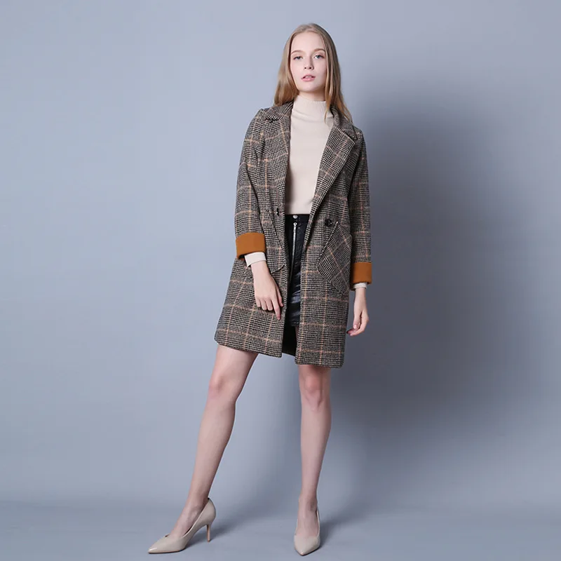 

Hodisytian 2020 Зима Женский блейзер, пиджак в клетку зубчатый утепленное пальто с длинными рукавами Блейзер Femme проверить верхняя одежда двубортн...