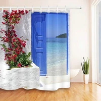 Red Flowers Blue Greek Door with Sea View Island Shower Curtains Waterproof Fabric Bathroom Curtain Set Home Bathtub Decor