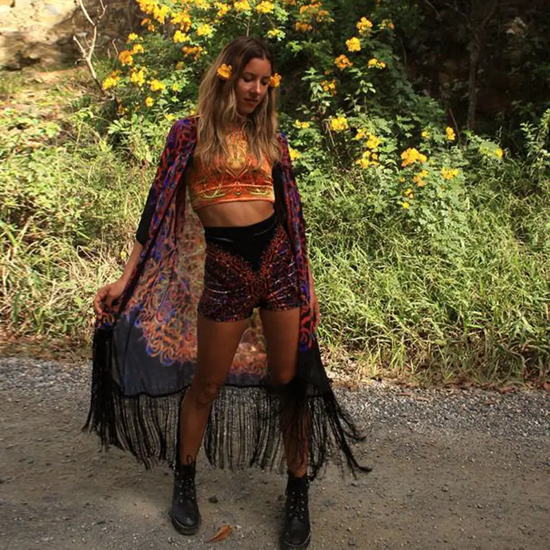 Женское шифоновое кимоно Anself винтажное с цветочным принтом бахромой и