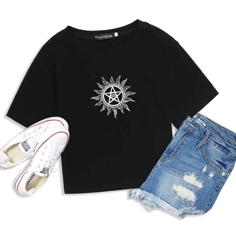 

Summer New Crop Tops Women Graphic Harajuku T-shirt E-girl Gothic Black Short Sleeve Slim fit Tee Kawaii Woman Tshirts Clothes
