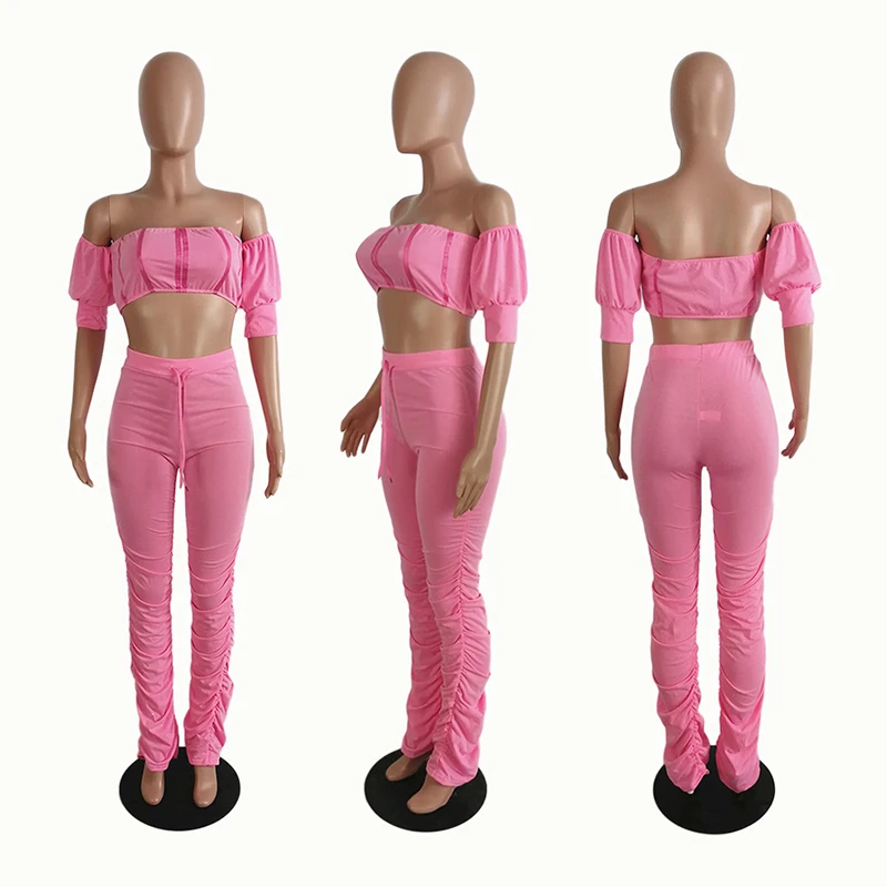 

Women Two Piece Set Sexy Chic Suits Casual Solid Short Sleeve Off Shoulder Crop Top & Drawstring Pant Lounge Suits Outfits