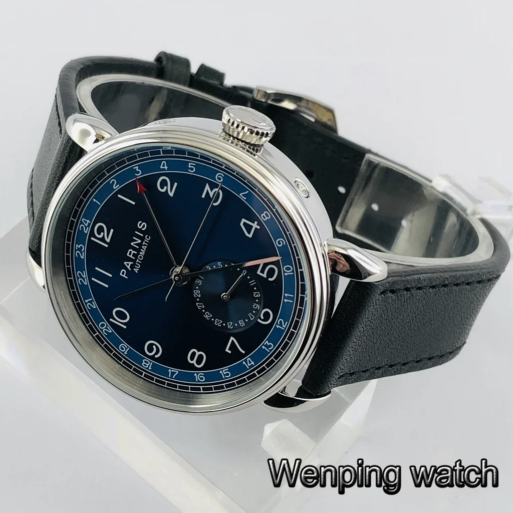 Мужские автоматические механические часы Parnis серебристый чехол 42 мм с синим