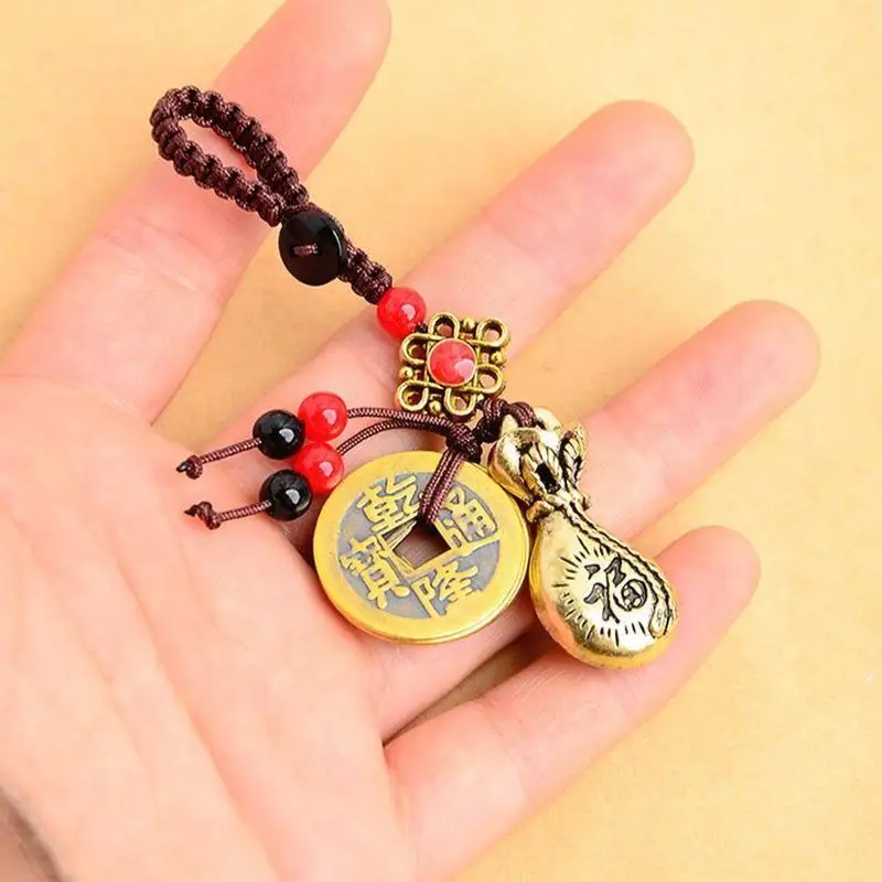 

Key Ring Hand-knitted Rope Keychain Lucky Feng Shui Chain Vintage Ancient Bag Car Brass Five Hanging Coins Key Emperors Mon W4Y0