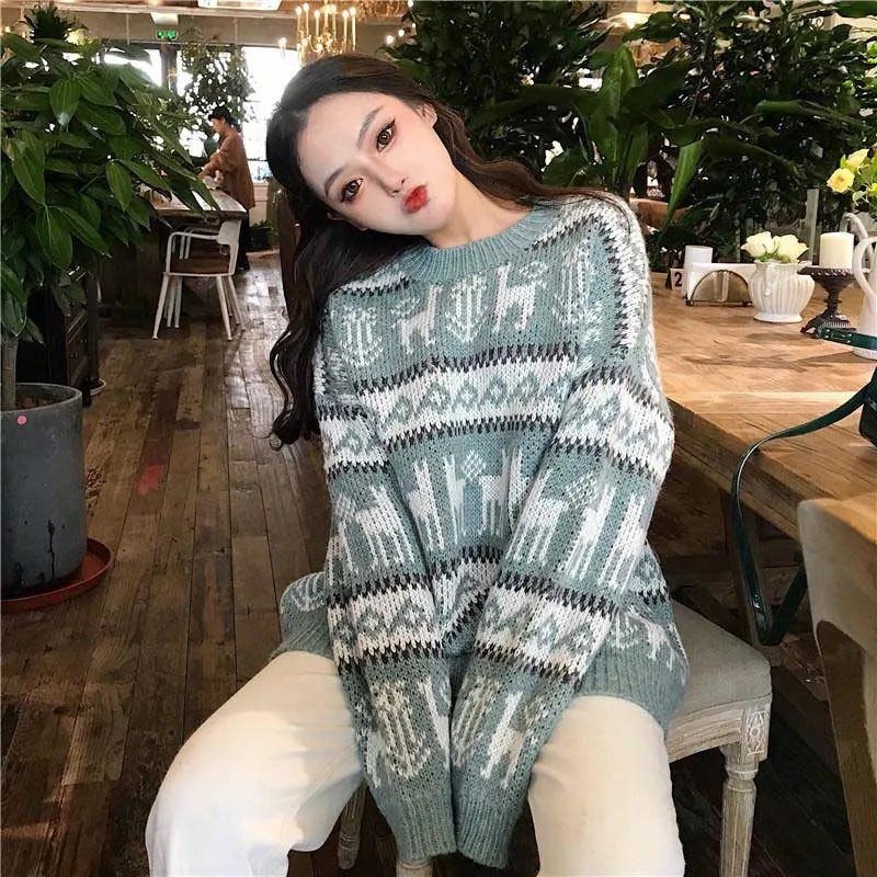 NiceMix Christmas Deer Online Celebrity Sweater New Year Red Winter Style Laziness-Style Loose Warm Yarn Tops | Женская одежда
